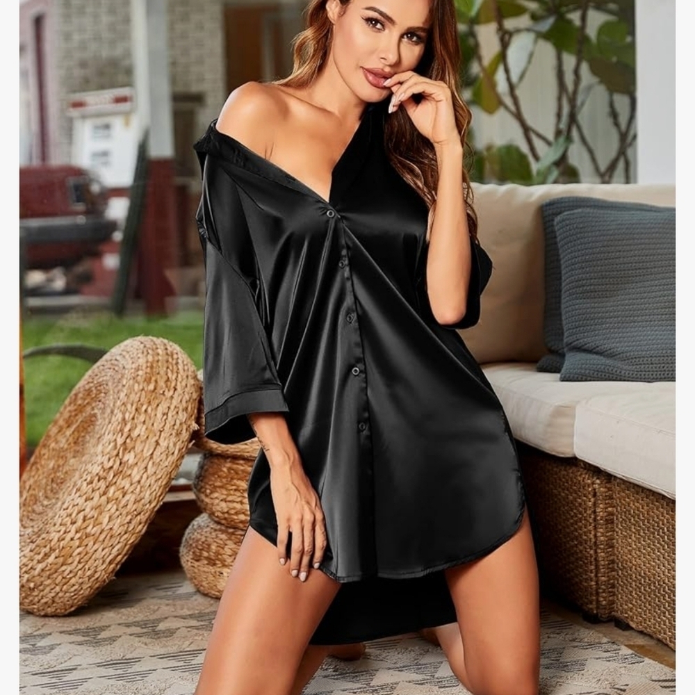 Elegant Black Silk/Satin Button Down Dress​​
